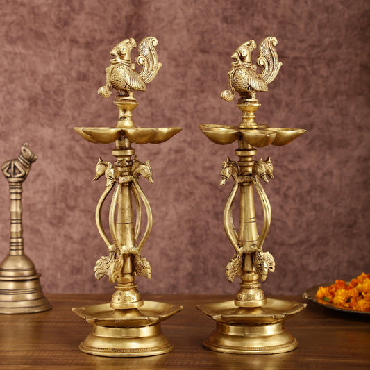 Pure Brass Peacock Kutthu Villakku Oil Lamp | 14.5 - inch Tall, - Budhshiv.com