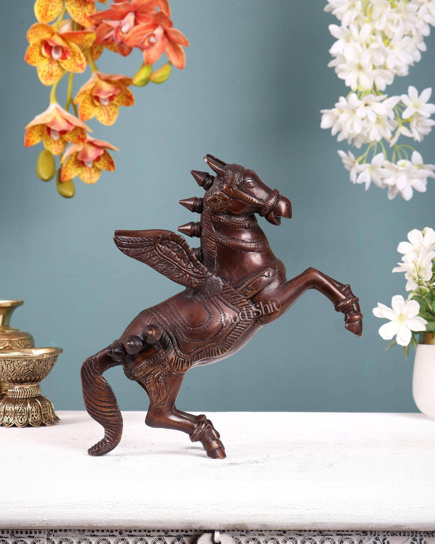 Pure Brass Pegasus Flying Horse Statue with Wings | Elegant Showpiece - 9 Inches copper tone - Budhshiv.com