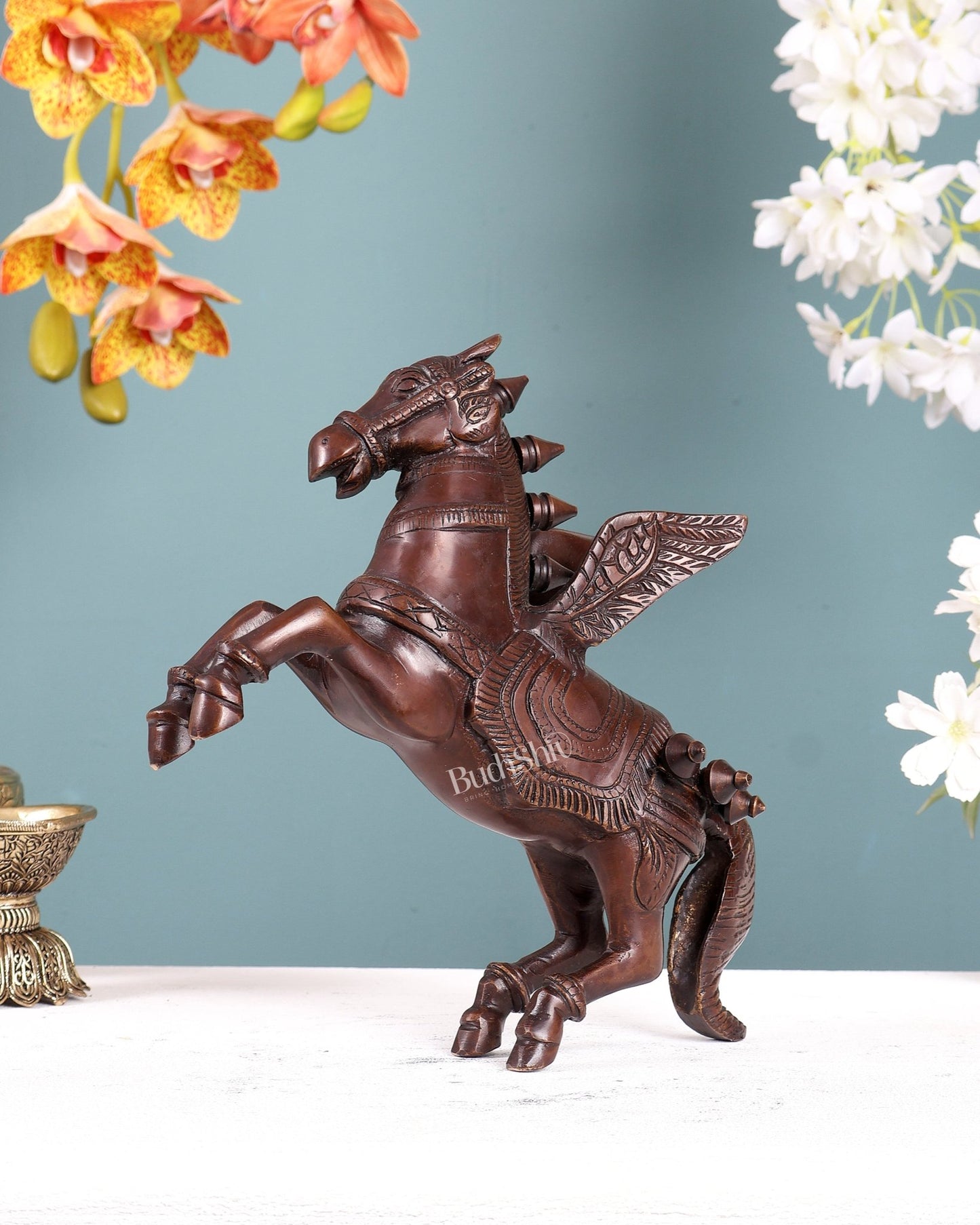 Pure Brass Pegasus Flying Horse Statue with Wings | Elegant Showpiece - 9 Inches copper tone - Budhshiv.com