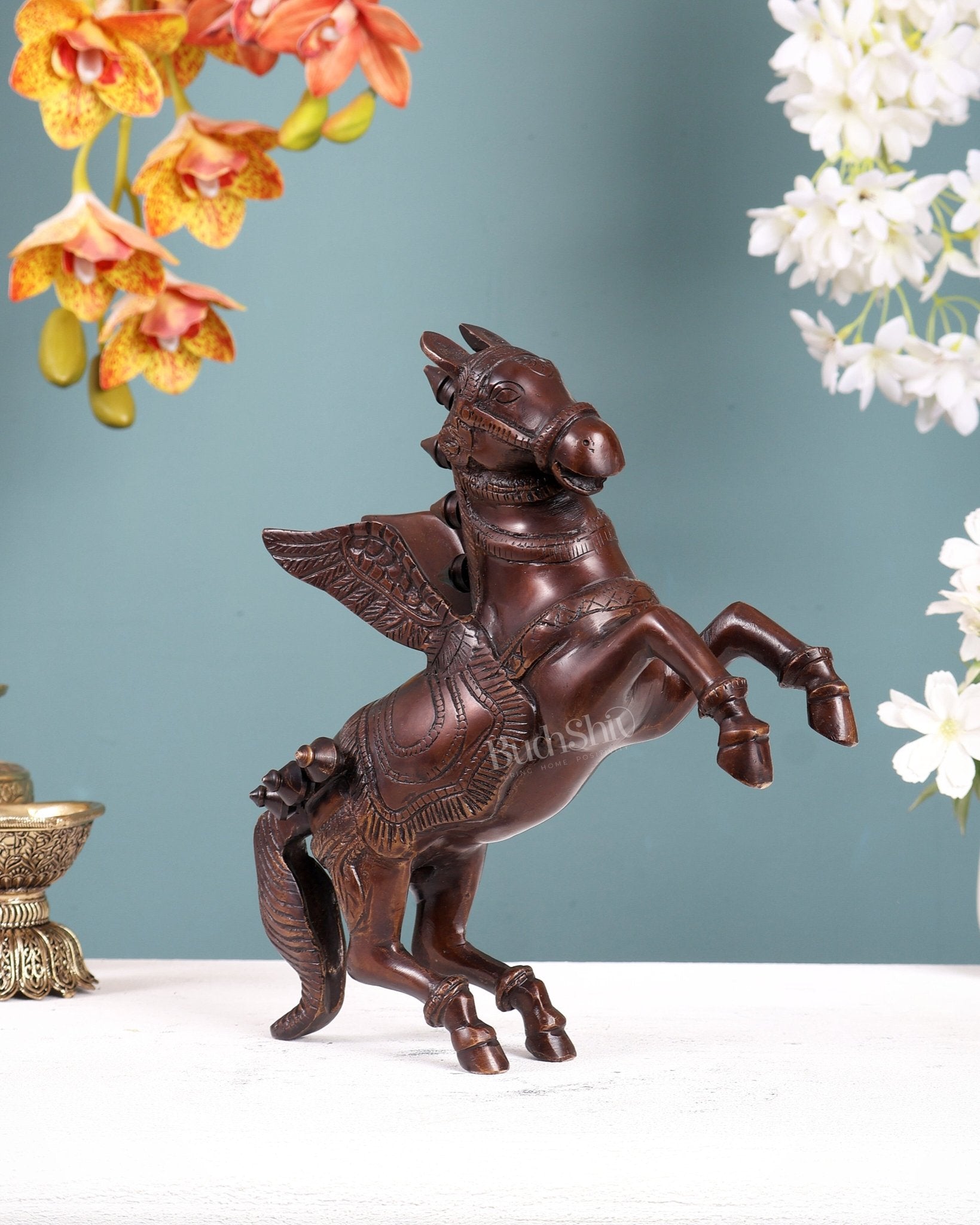 Pure Brass Pegasus Flying Horse Statue with Wings | Elegant Showpiece - 9 Inches copper tone - Budhshiv.com