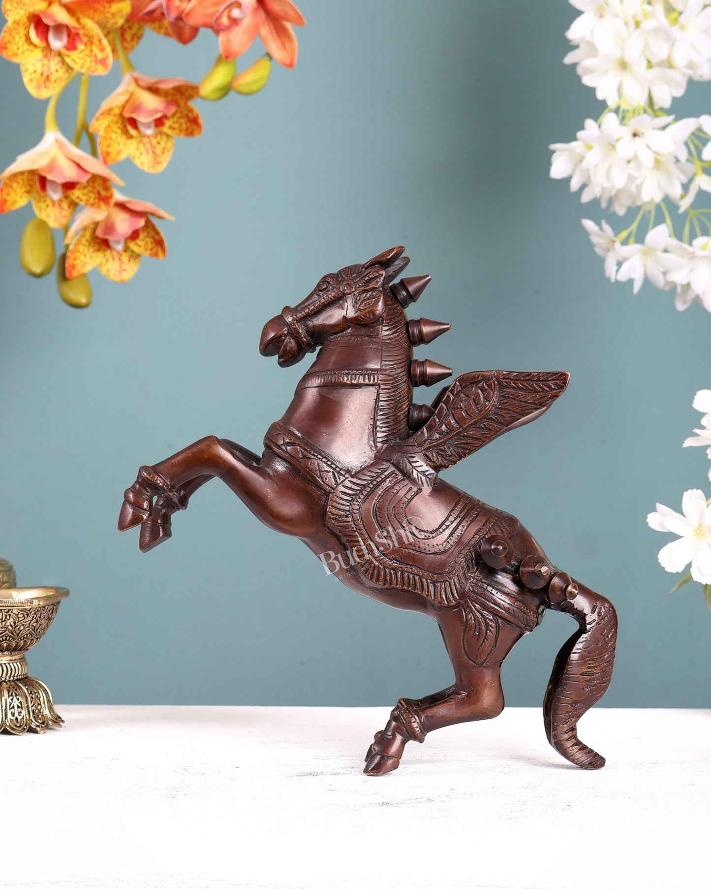 Pure Brass Pegasus Flying Horse Statue with Wings | Elegant Showpiece - 9 Inches copper tone - Budhshiv.com
