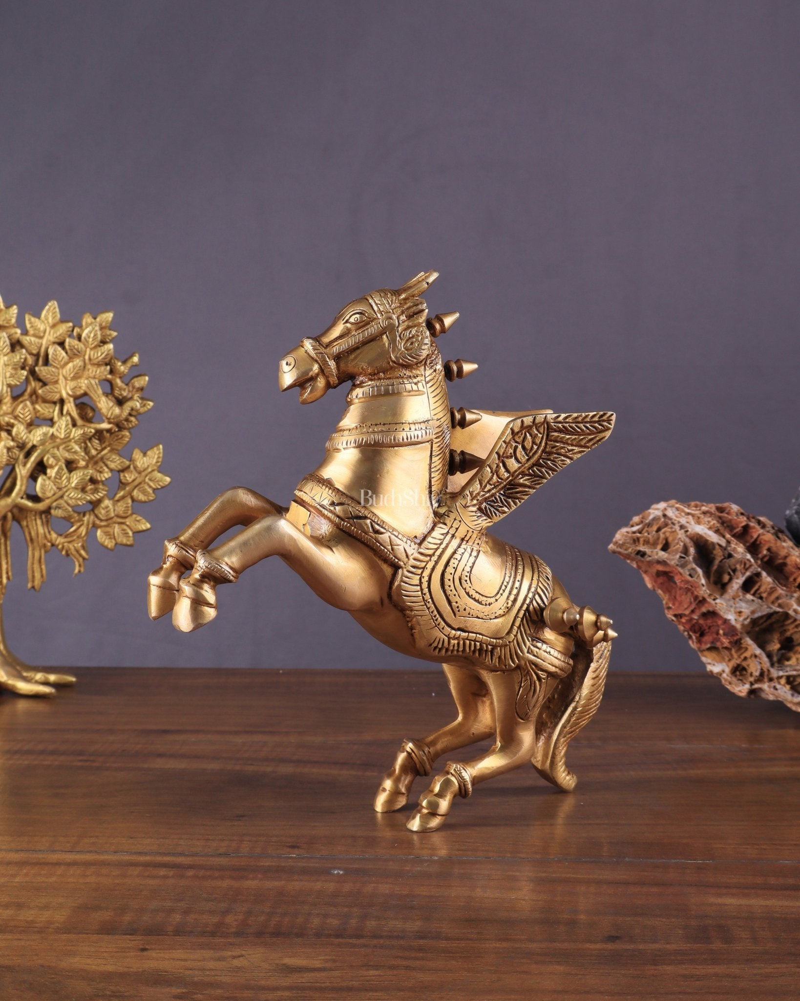 Pure Brass Pegasus Flying Horse Statue with Wings | Elegant Showpiece - 9 Inches - Budhshiv.com