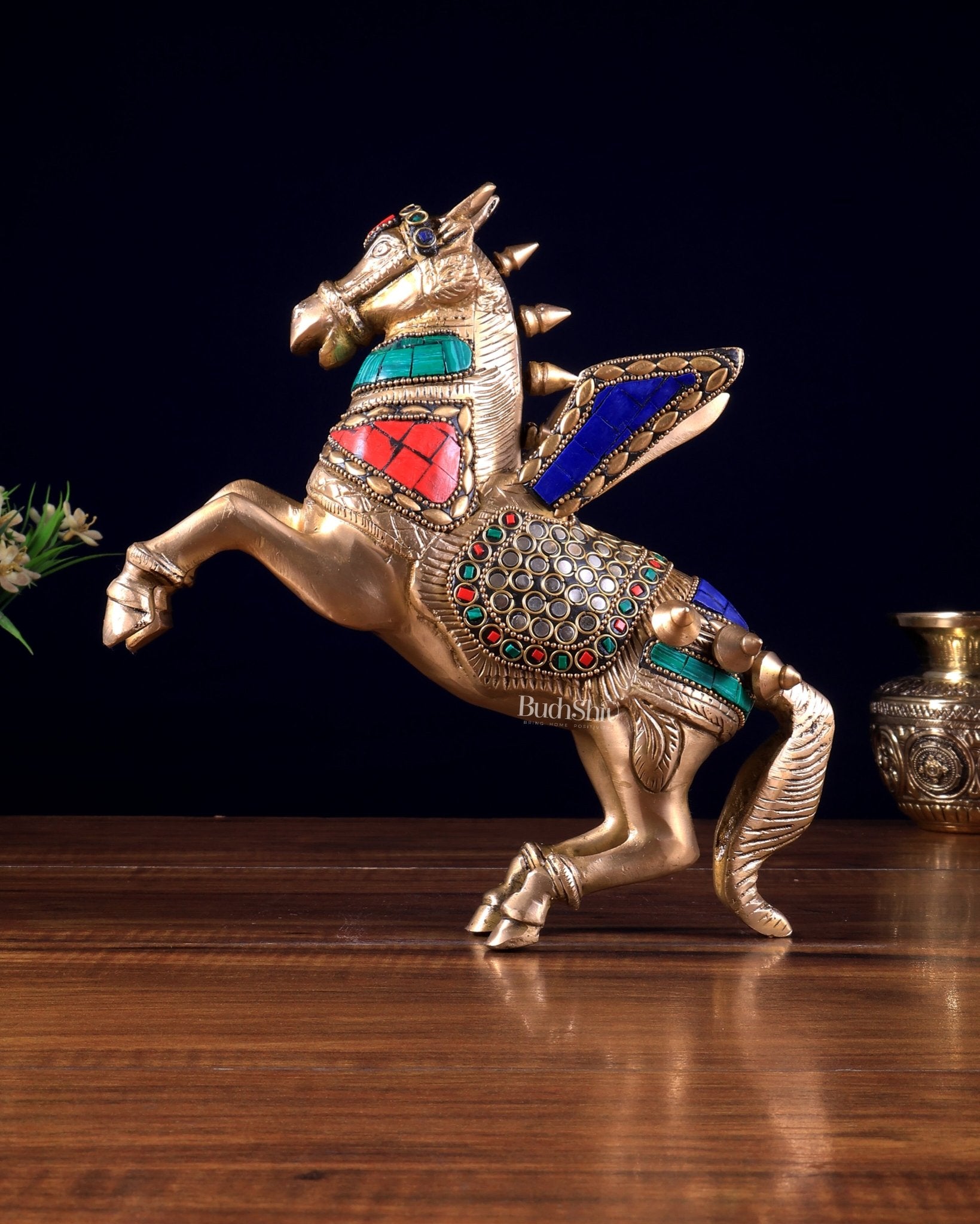 Pure Brass Pegasus Flying Horse Statue with Wings | multicolour Showpiece - 9 Inches - Budhshiv.com