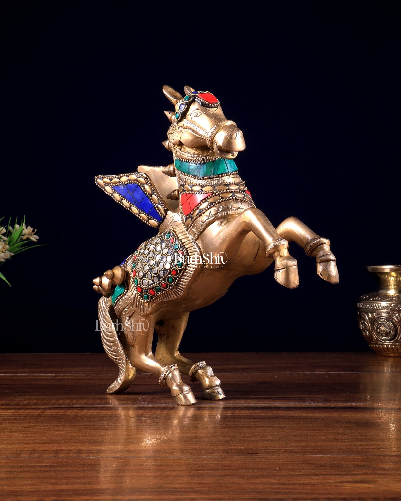 Pure Brass Pegasus Flying Horse Statue with Wings | multicolour Showpiece - 9 Inches - Budhshiv.com