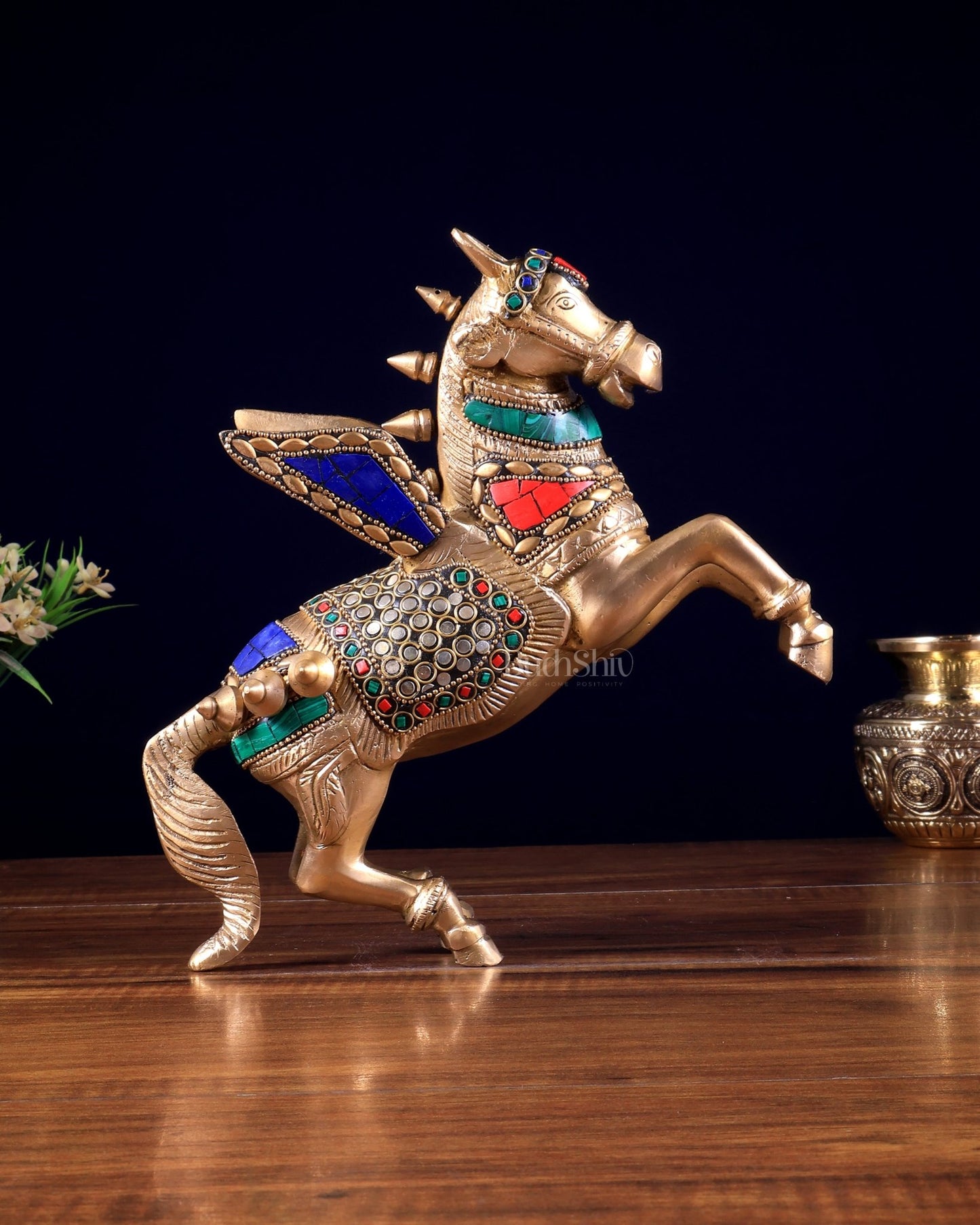 Pure Brass Pegasus Flying Horse Statue with Wings | multicolour Showpiece - 9 Inches - Budhshiv.com