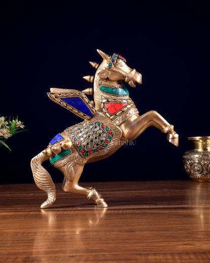 Pure Brass Pegasus Flying Horse Statue with Wings | multicolour Showpiece - 9 Inches - Budhshiv.com