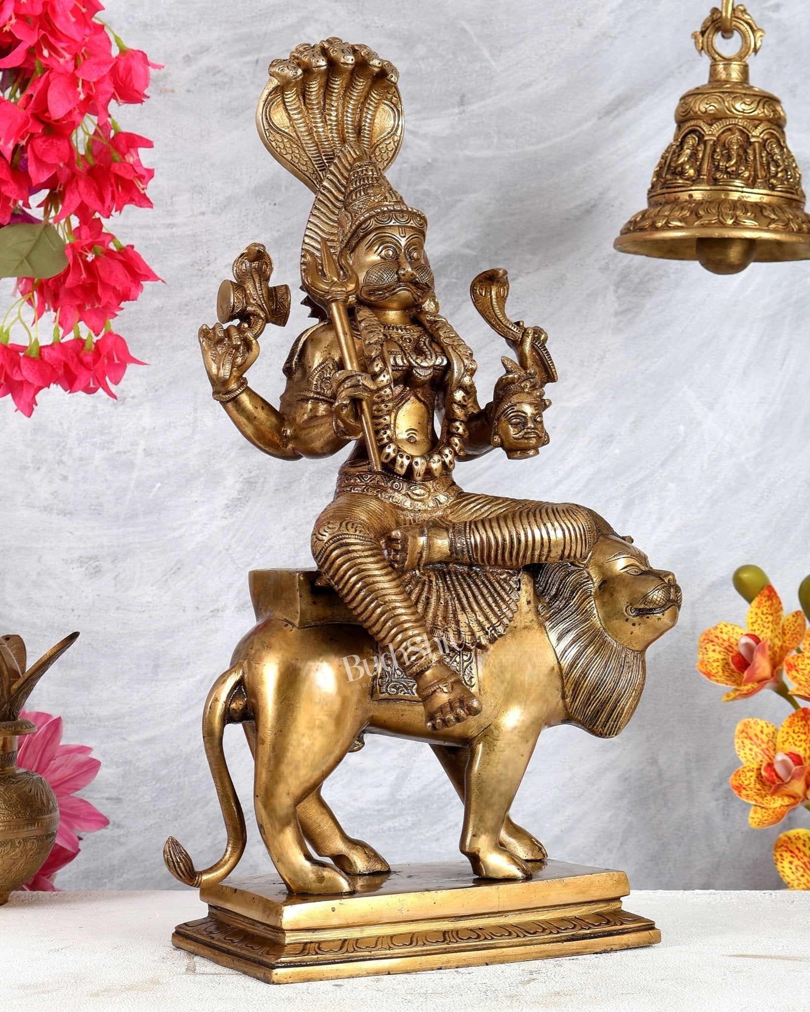 Pure Brass Pratyangira Devi Bhadrakali Statue - 19 inch antique tone - Budhshiv.com