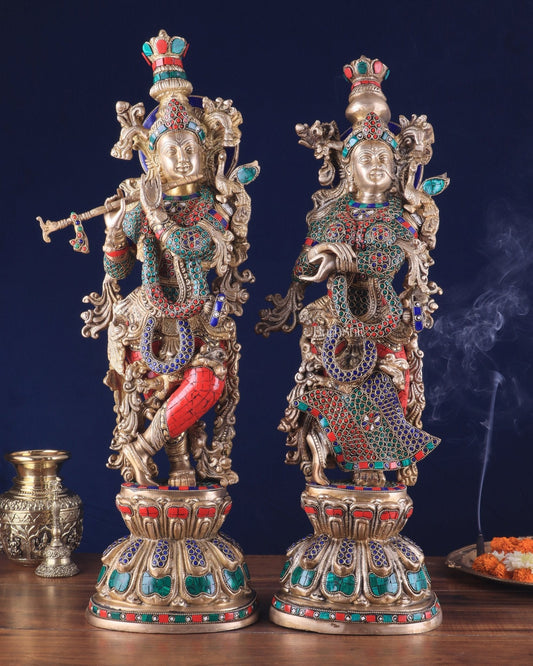 Pure Brass Radha Krishna Idol 25 inch Stonework - Budhshiv.com