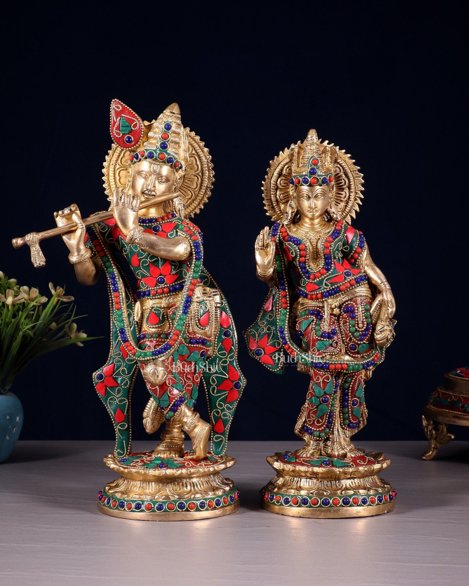Pure Brass Radha Krishna Idol with Floral Stonework – 12 Inch - Budhshiv.com