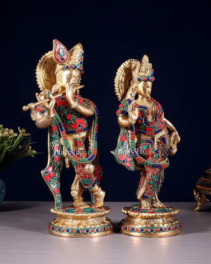Pure Brass Radha Krishna Idol with Floral Stonework – 12 Inch - Budhshiv.com