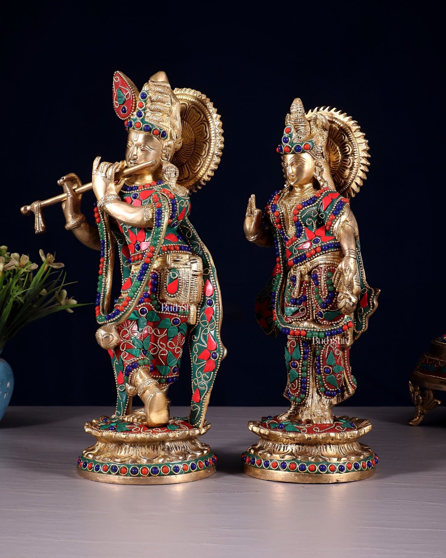 Pure Brass Radha Krishna Idol with Floral Stonework – 12 Inch - Budhshiv.com