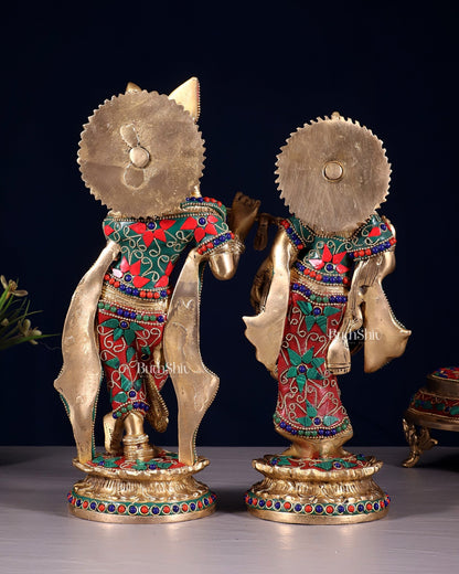 Pure Brass Radha Krishna Idol with Floral Stonework – 12 Inch - Budhshiv.com