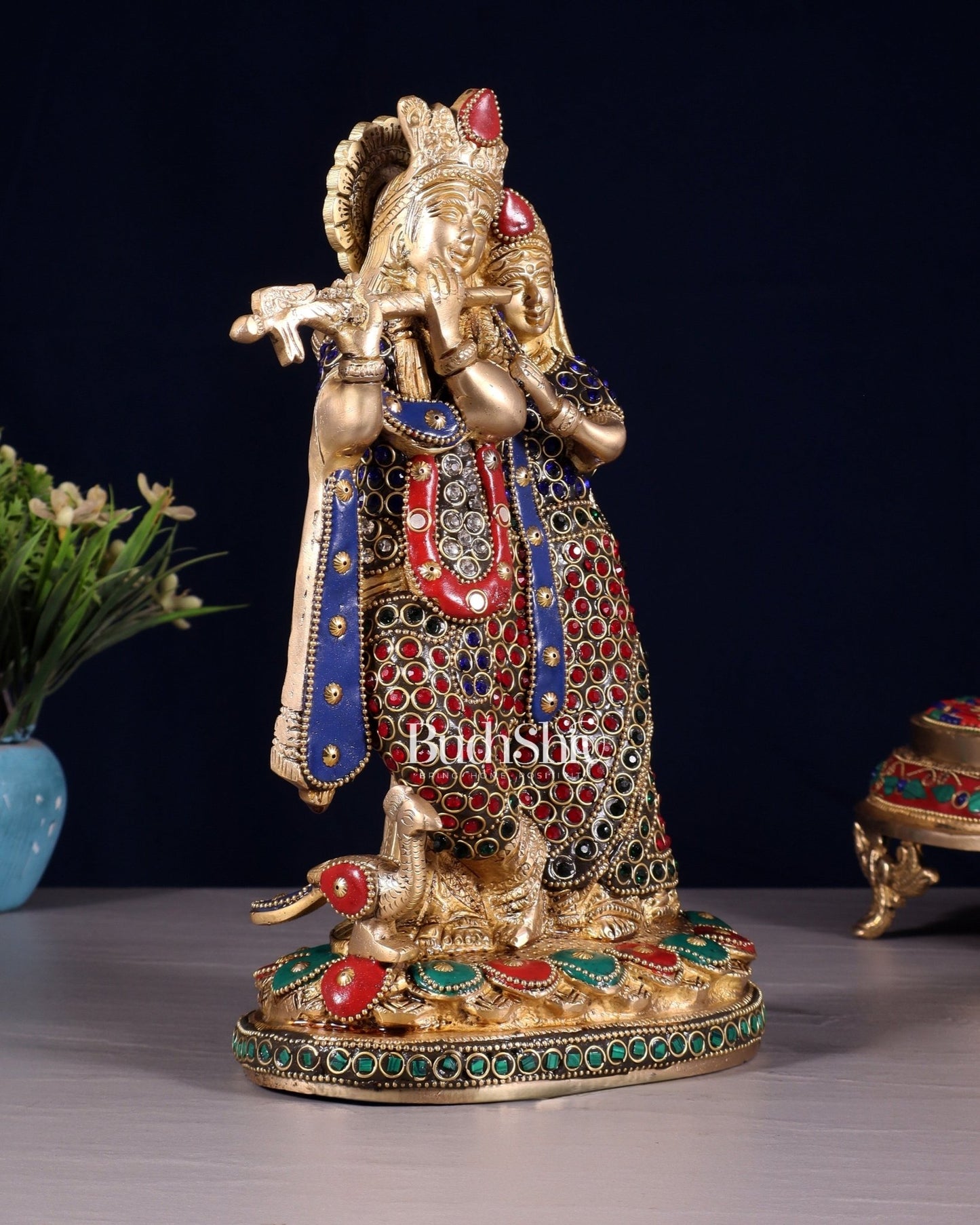 Pure Brass Radha Krishna Idol with Jewels Stonework 10.5" - Budhshiv.com