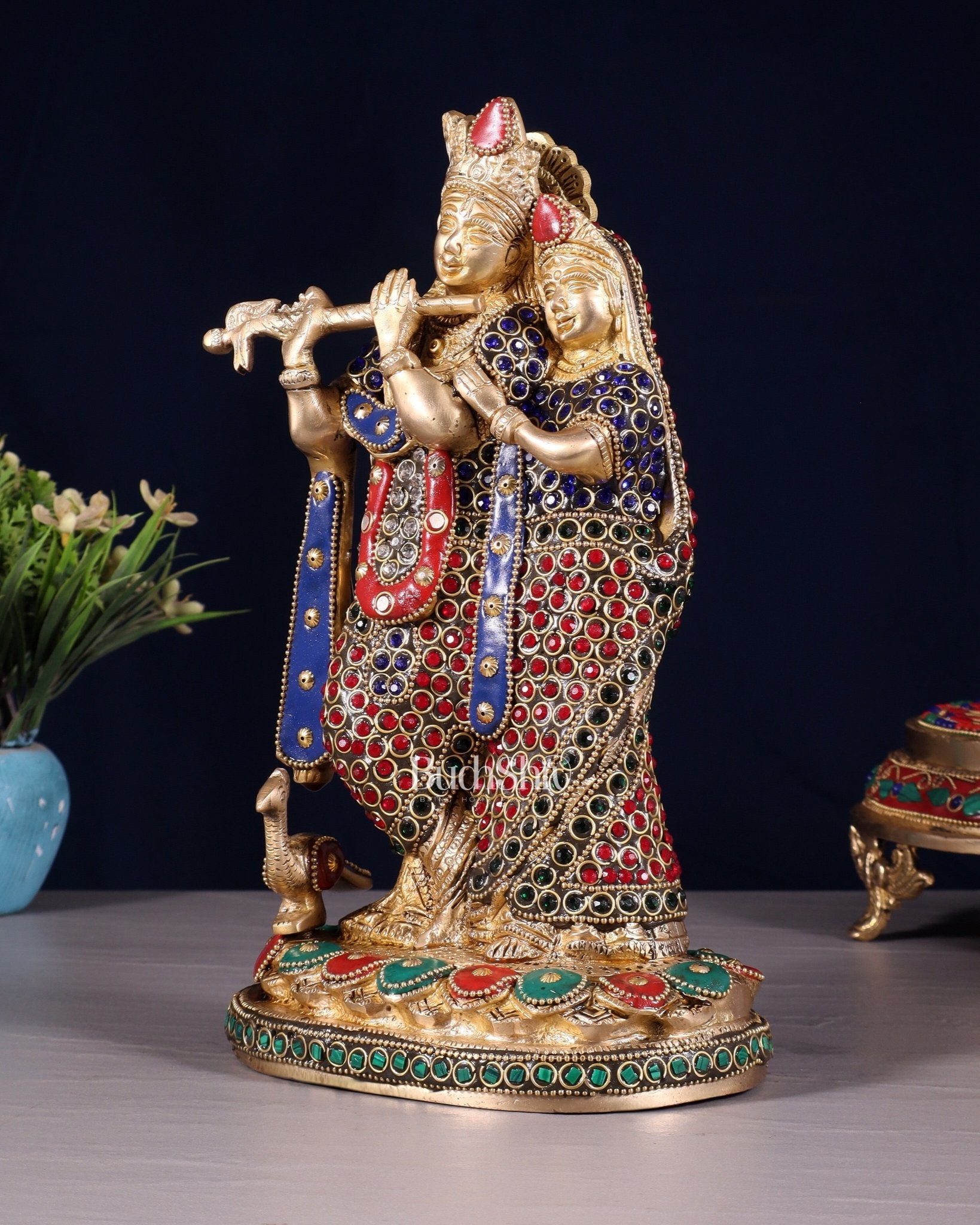 Pure Brass Radha Krishna Idol with Jewels Stonework 10.5" - Budhshiv.com