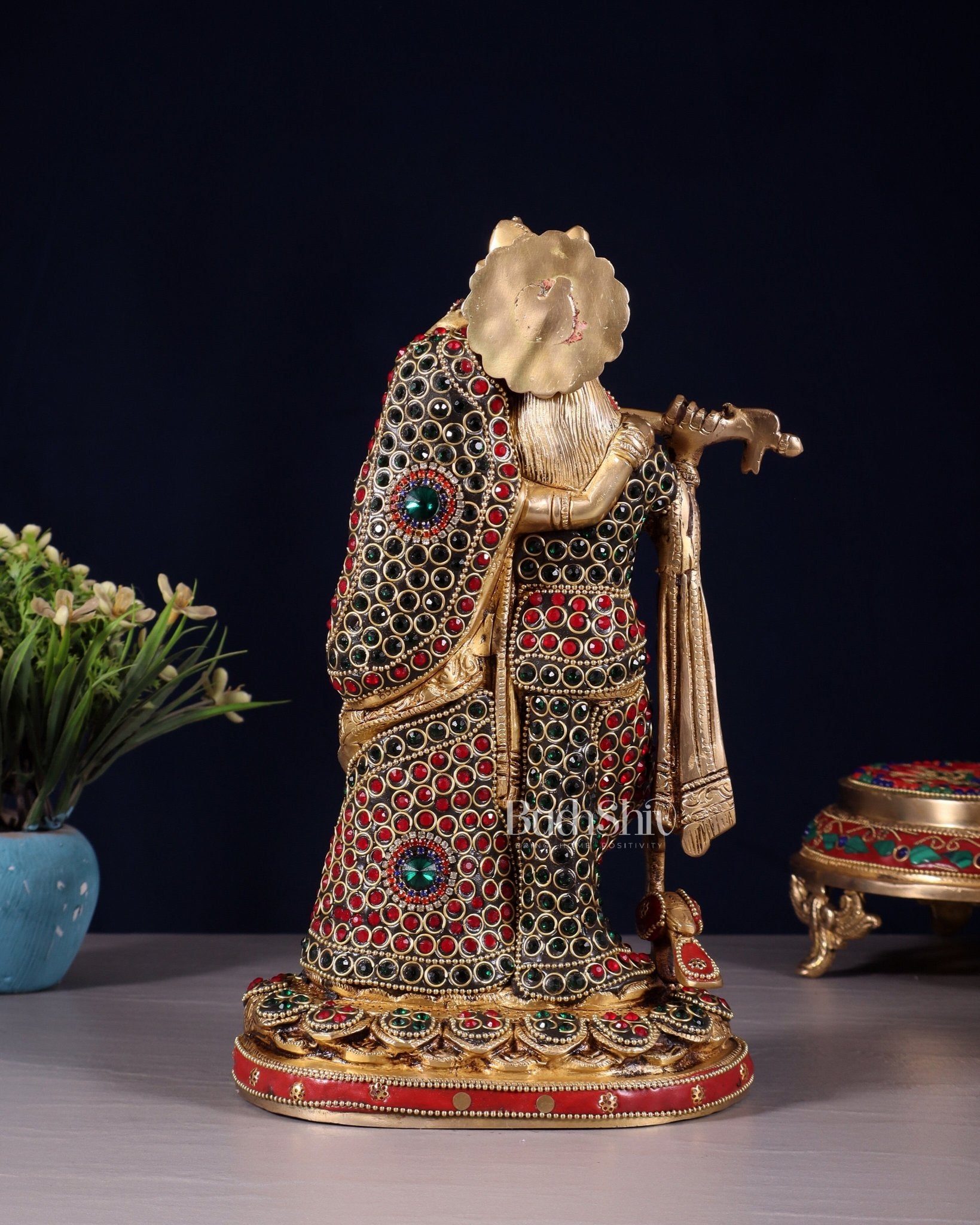 Pure Brass Radha Krishna Idol with Jewels Stonework 10.5" - Budhshiv.com