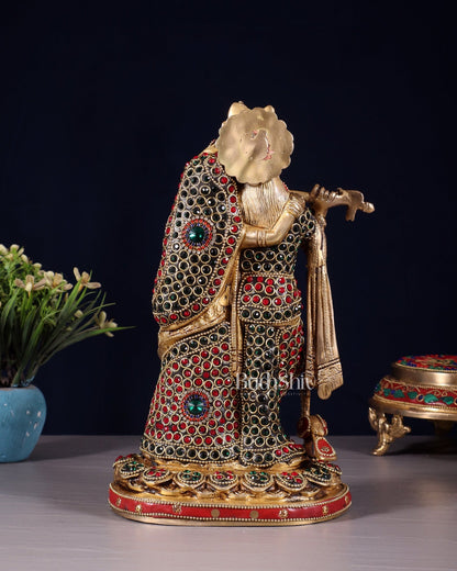 Pure Brass Radha Krishna Idol with Jewels Stonework 10.5" - Budhshiv.com