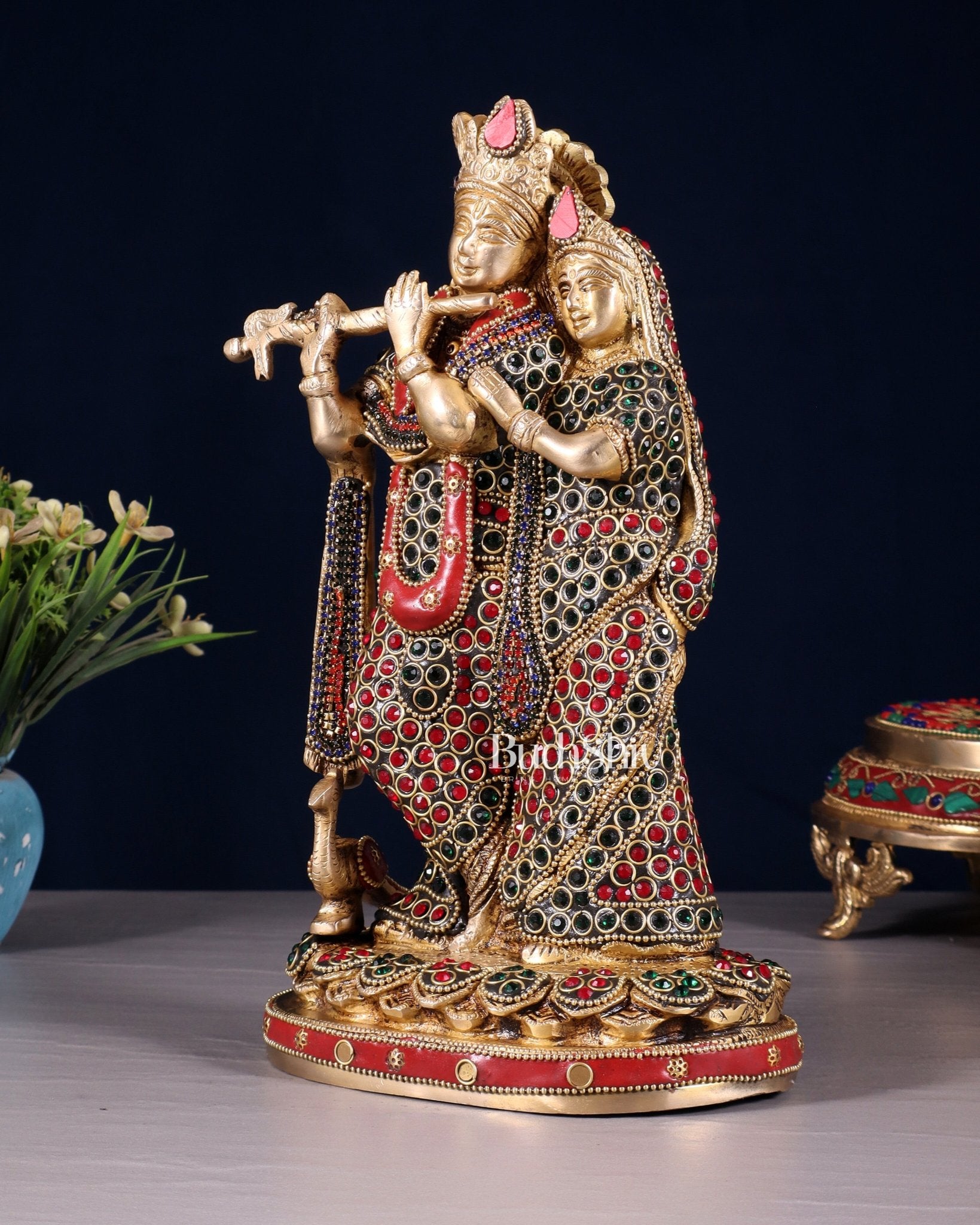 Pure Brass Radha Krishna Idol with Jewels Stonework 10.5" - Budhshiv.com