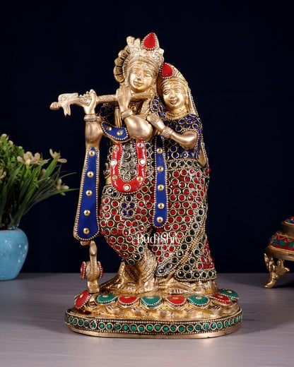 Pure Brass Radha Krishna Idol with Jewels Stonework 10.5" - Budhshiv.com
