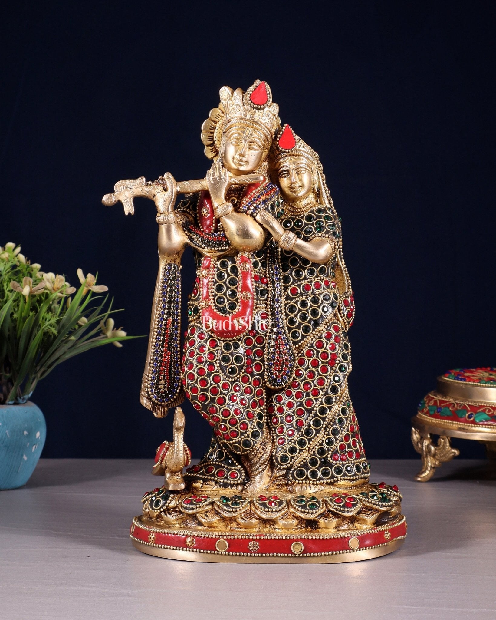 Pure Brass Radha Krishna Idol with Jewels Stonework 10.5" - Budhshiv.com