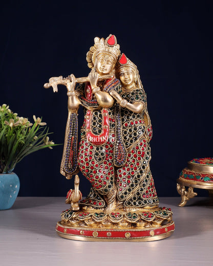 Pure Brass Radha Krishna Idol with Jewels Stonework 10.5" - Budhshiv.com