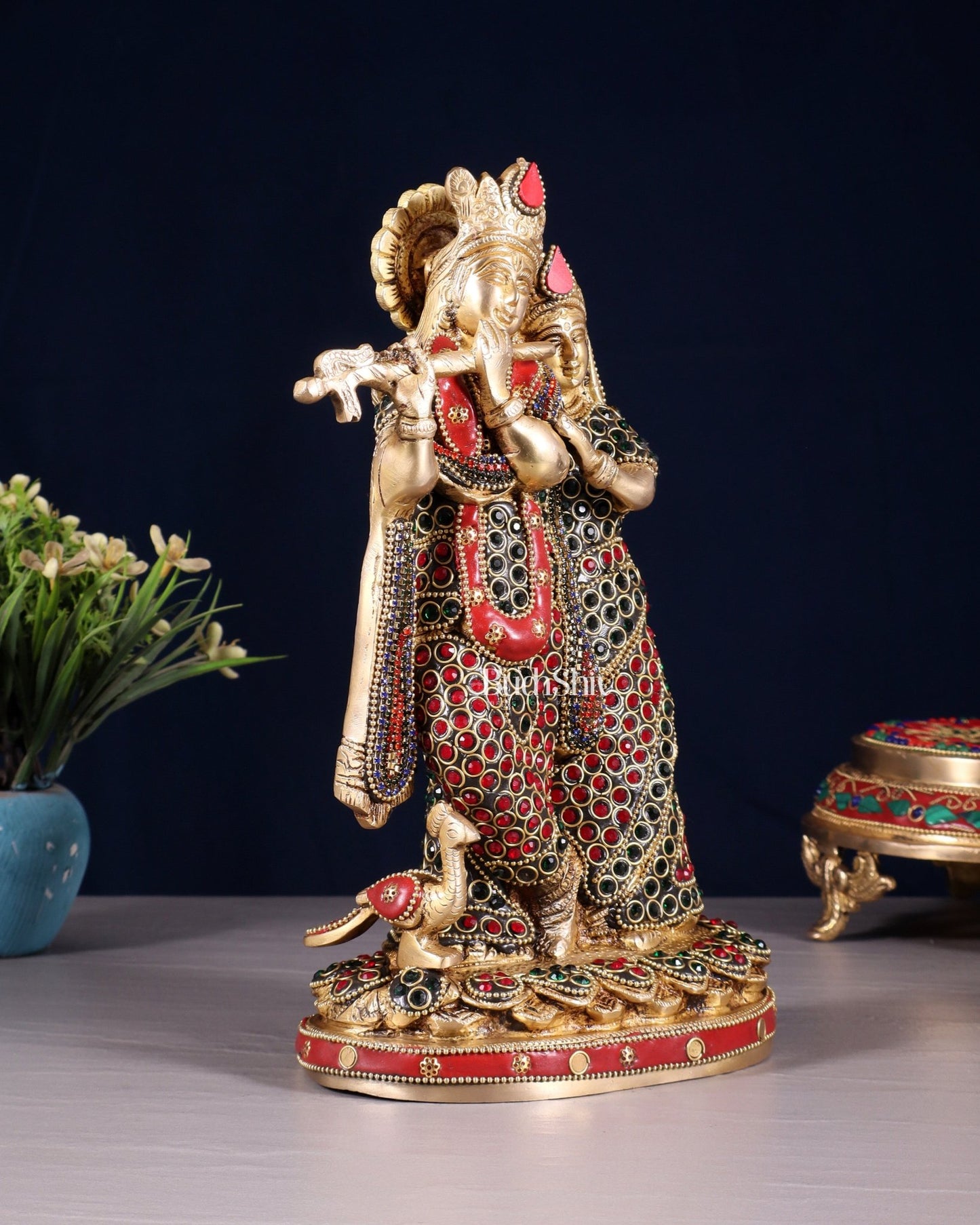 Pure Brass Radha Krishna Idol with Jewels Stonework 10.5" - Budhshiv.com