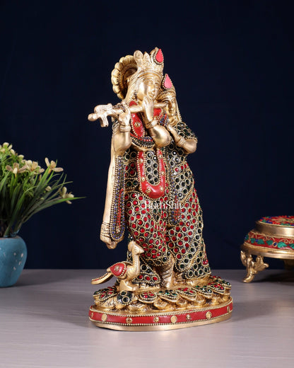 Pure Brass Radha Krishna Idol with Jewels Stonework 10.5" - Budhshiv.com