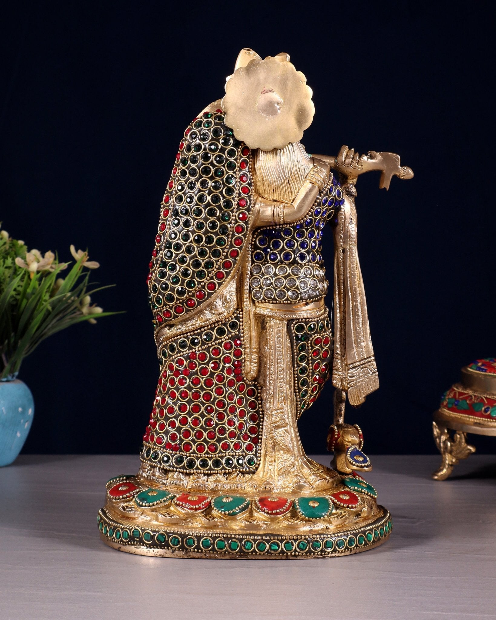 Pure Brass Radha Krishna Idol with Jewels Stonework 10.5" - Budhshiv.com