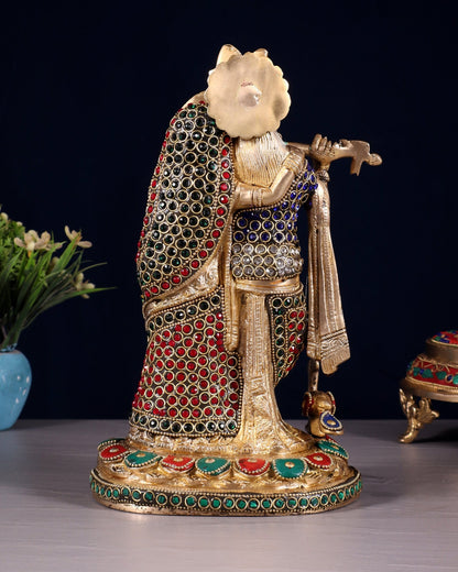 Pure Brass Radha Krishna Idol with Jewels Stonework 10.5" - Budhshiv.com