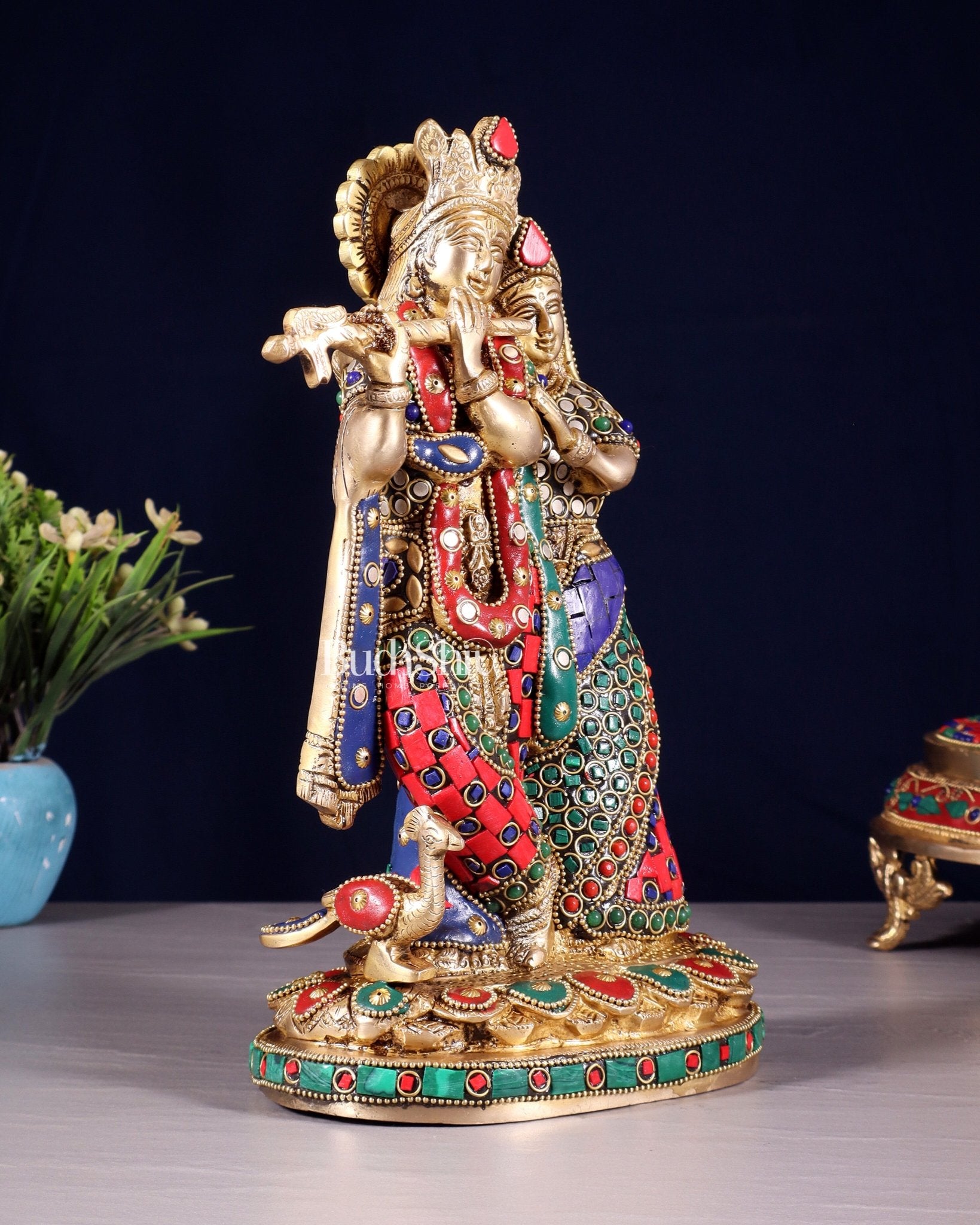 Pure Brass Radha Krishna Idol with Meenakari Stonework 10.5" - Budhshiv.com