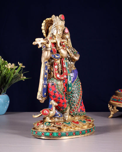 Pure Brass Radha Krishna Idol with Meenakari Stonework 10.5" - Budhshiv.com