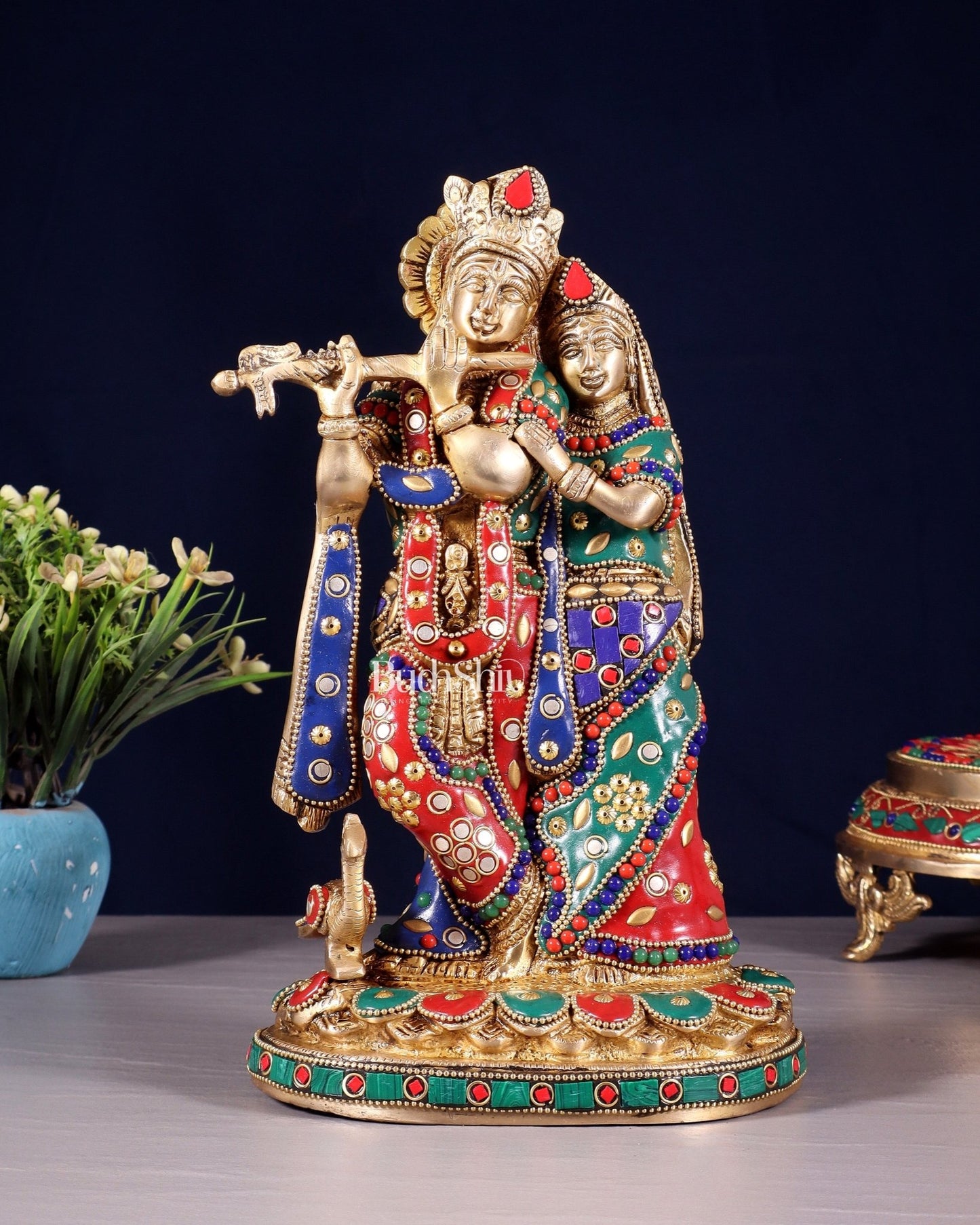 Pure Brass Radha Krishna Idol with Meenakari Stonework 10.5" - Budhshiv.com