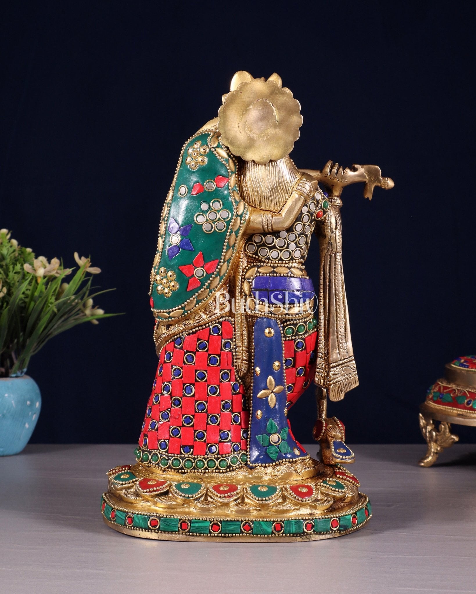 Pure Brass Radha Krishna Idol with Meenakari Stonework 10.5" - Budhshiv.com