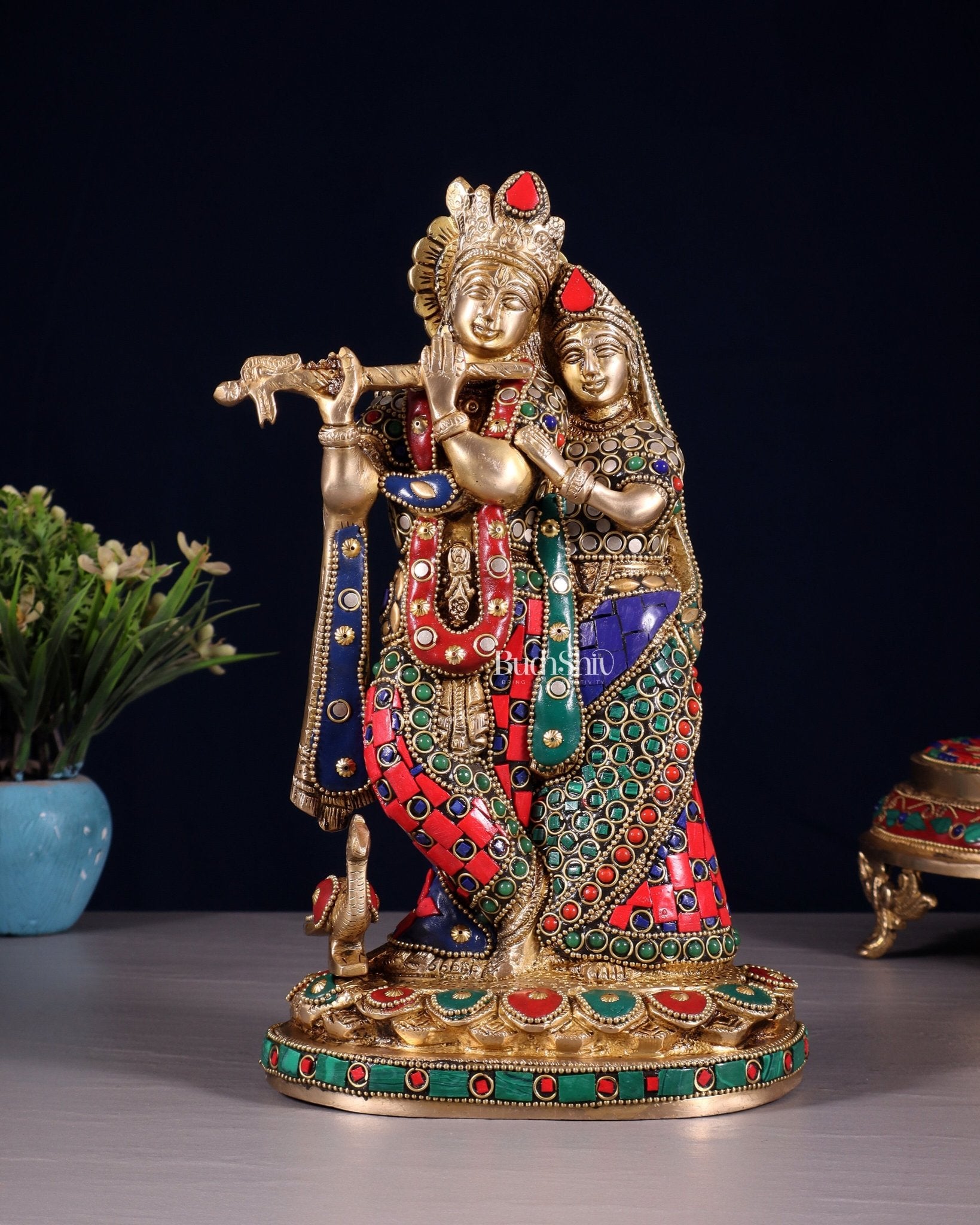 Pure Brass Radha Krishna Idol with Meenakari Stonework 10.5" - Budhshiv.com