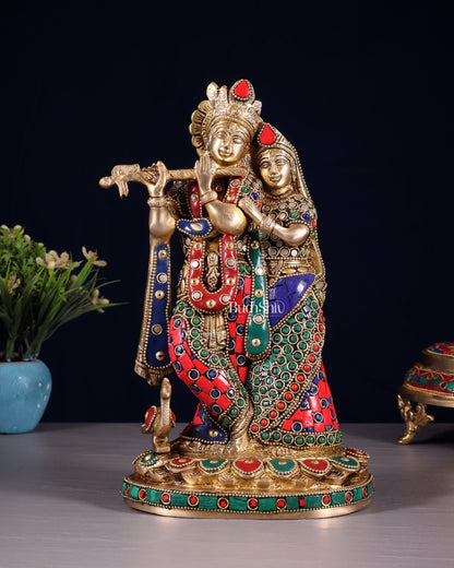 Pure Brass Radha Krishna Idol with Meenakari Stonework 10.5" - Budhshiv.com