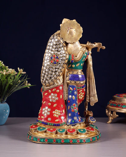 Pure Brass Radha Krishna Idol with Meenakari Stonework 10.5" - Budhshiv.com