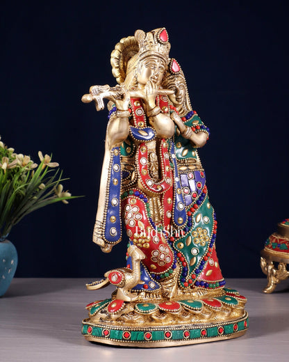 Pure Brass Radha Krishna Idol with Meenakari Stonework 10.5" - Budhshiv.com