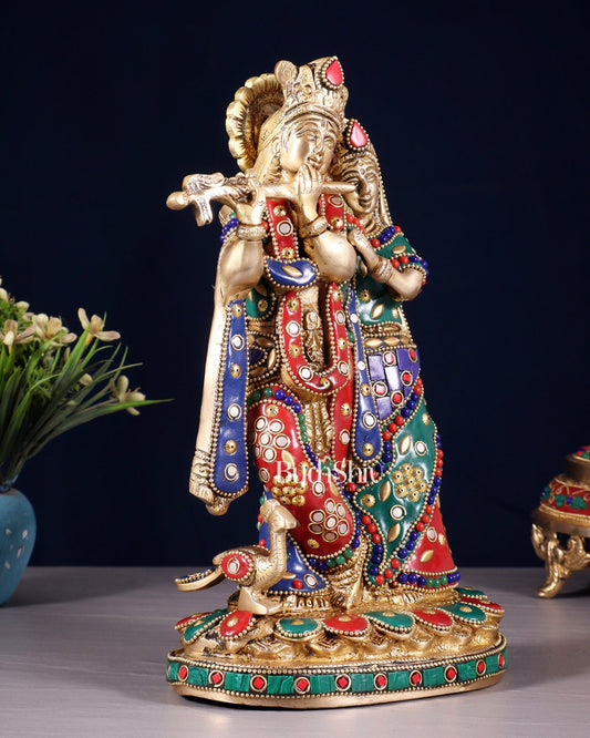 Pure Brass Radha Krishna Idol with Meenakari Stonework 10.5" - Budhshiv.com