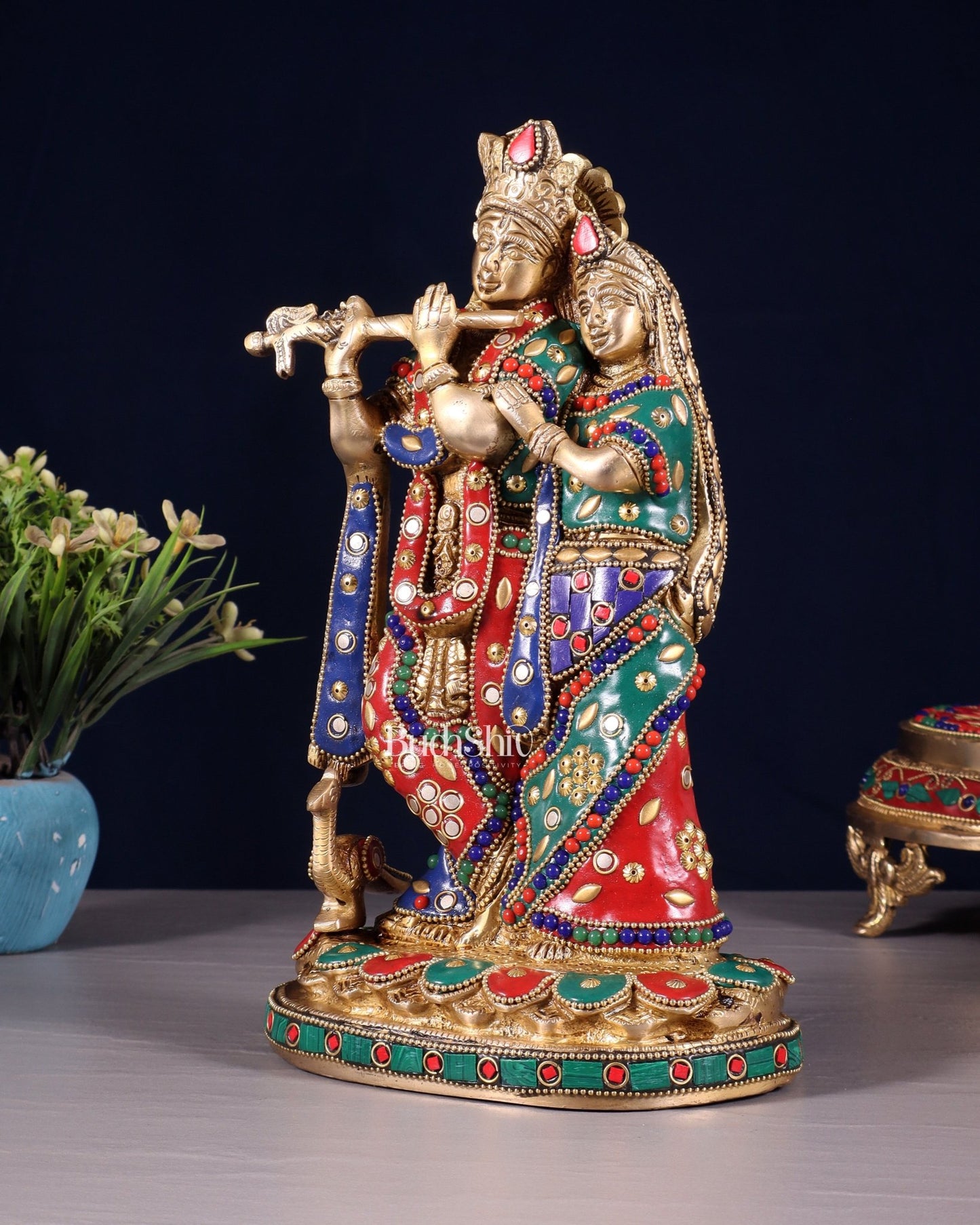 Pure Brass Radha Krishna Idol with Meenakari Stonework 10.5" - Budhshiv.com