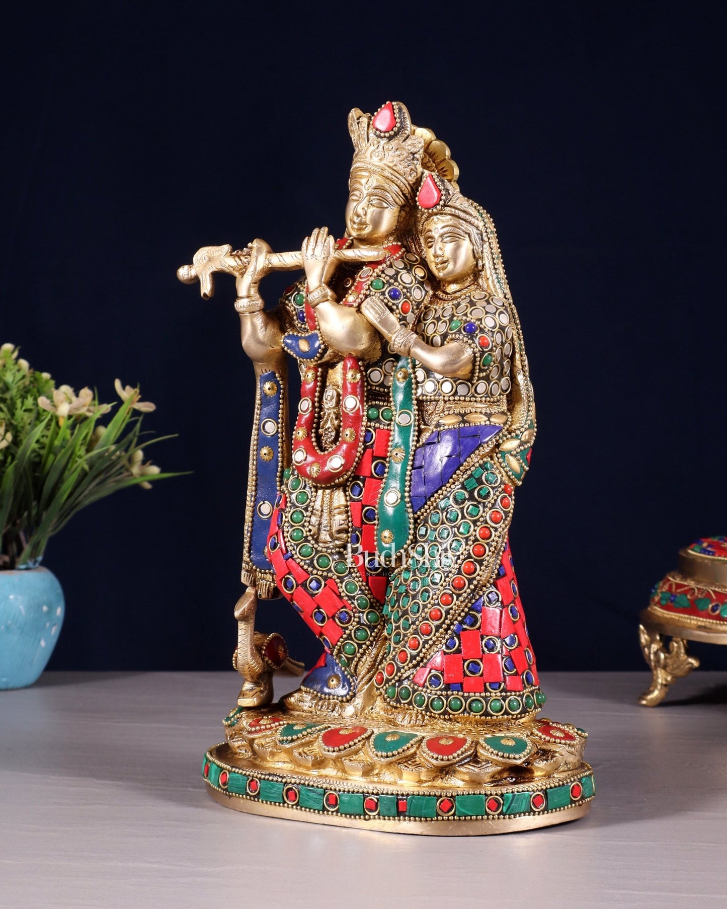 Pure Brass Radha Krishna Idol with Meenakari Stonework 10.5" - Budhshiv.com