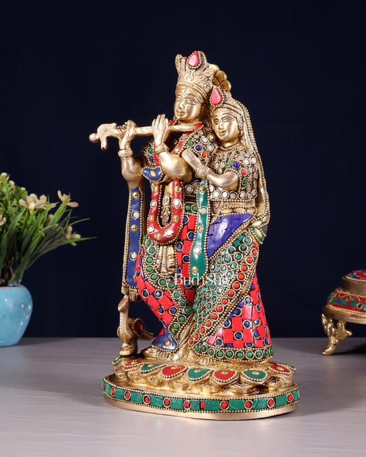 Pure Brass Radha Krishna Idol with Meenakari Stonework 10.5" - Budhshiv.com