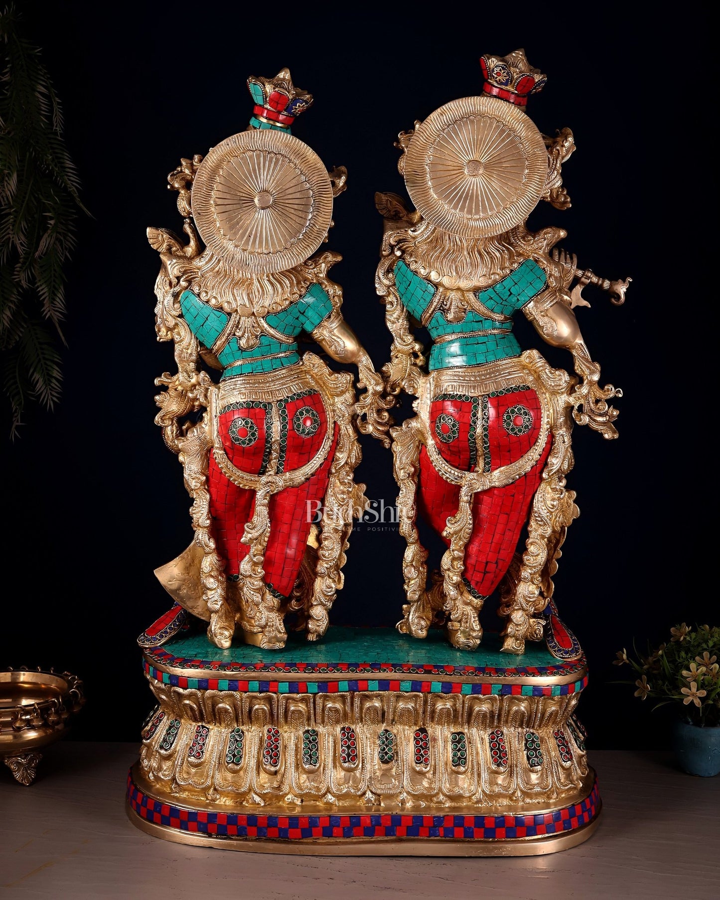 Pure Brass Radha Krishna Idol with Peacocks | Meenakari Stonework | 29 Inches - Budhshiv.com