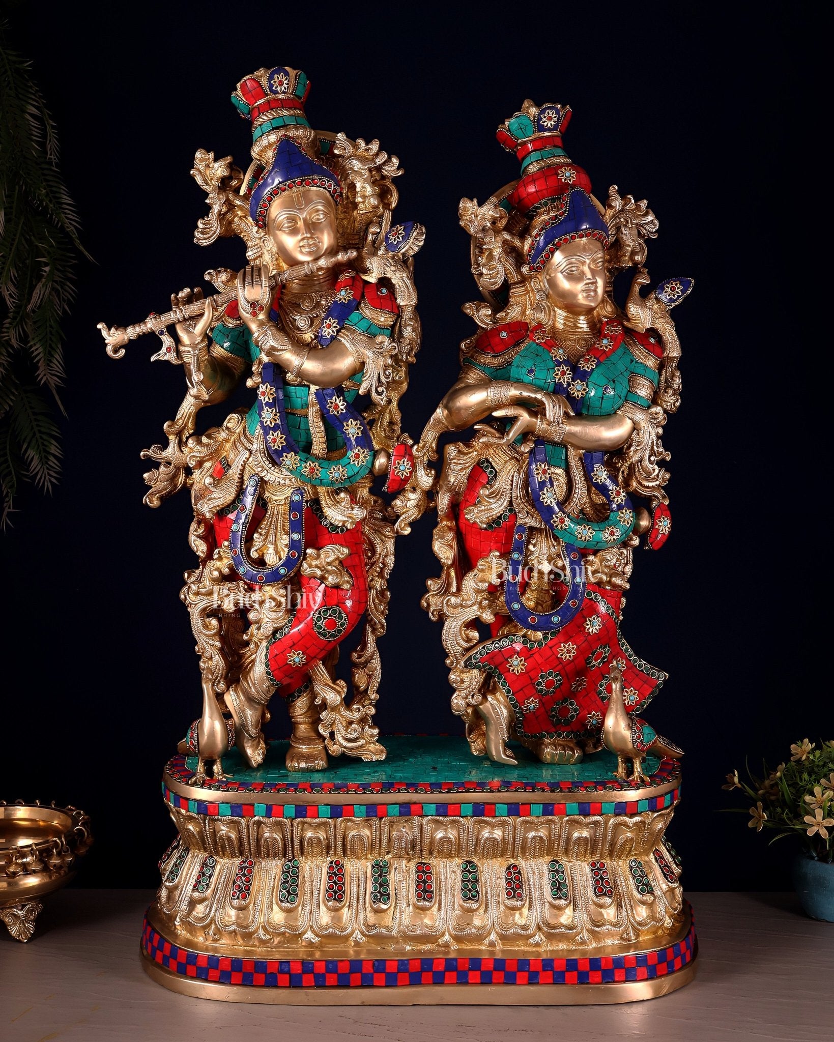 Pure Brass Radha Krishna Idol with Peacocks | Meenakari Stonework | 29 Inches - Budhshiv.com