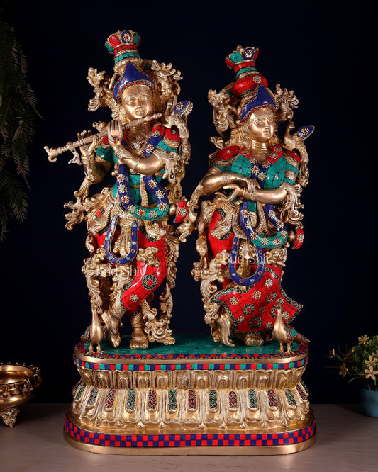 Pure Brass Radha Krishna Idol with Peacocks | Meenakari Stonework | 29 Inches - Budhshiv.com