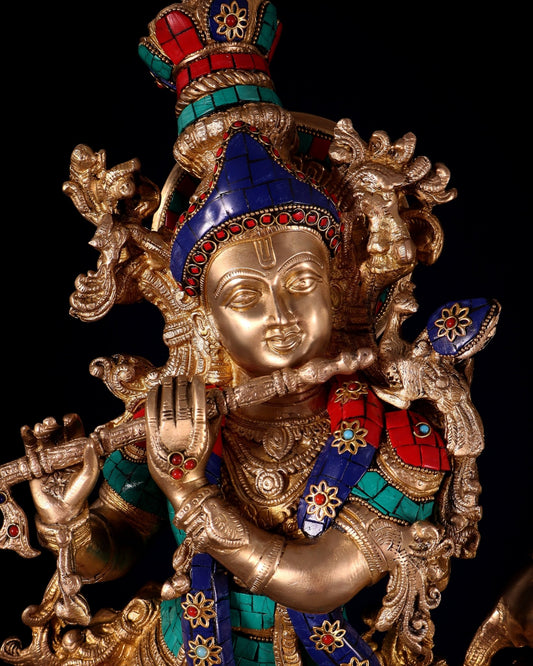 Pure Brass Radha Krishna Idol with Peacocks | Meenakari Stonework | 29 Inches - Budhshiv.com