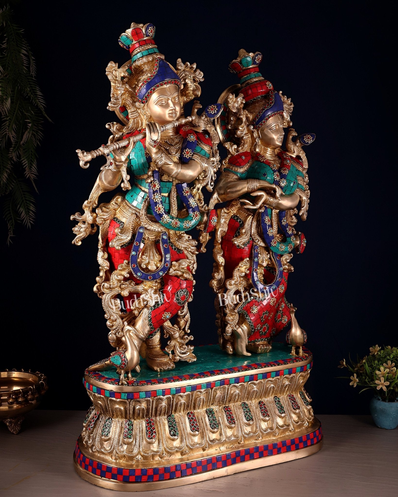 Pure Brass Radha Krishna Idol with Peacocks | Meenakari Stonework | 29 Inches - Budhshiv.com