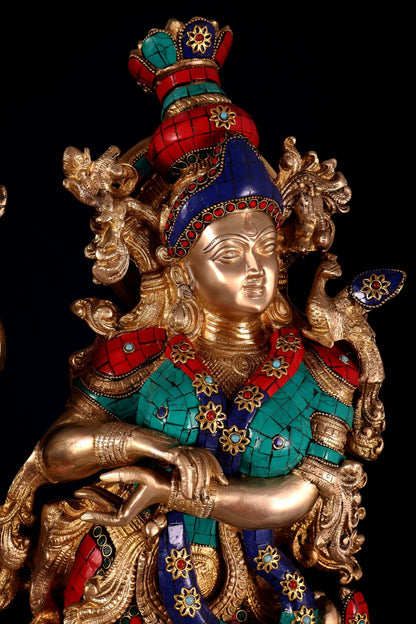 Pure Brass Radha Krishna Idol with Peacocks | Meenakari Stonework | 29 Inches - Budhshiv.com