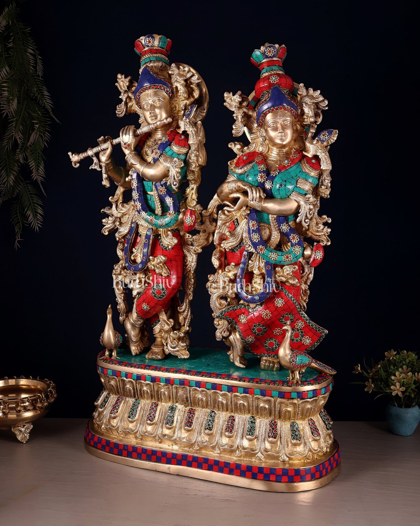 Pure Brass Radha Krishna Idol with Peacocks | Meenakari Stonework | 29 Inches - Budhshiv.com