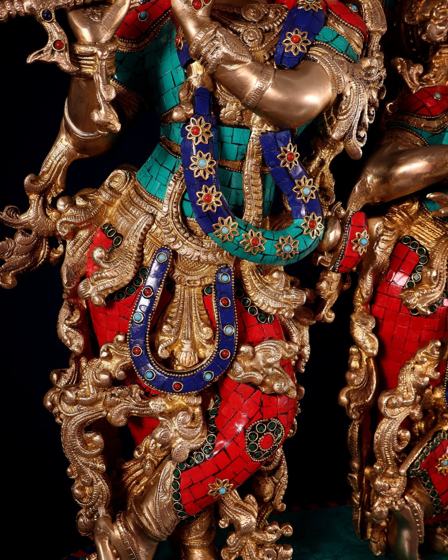 Pure Brass Radha Krishna Idol with Peacocks | Meenakari Stonework | 29 Inches - Budhshiv.com