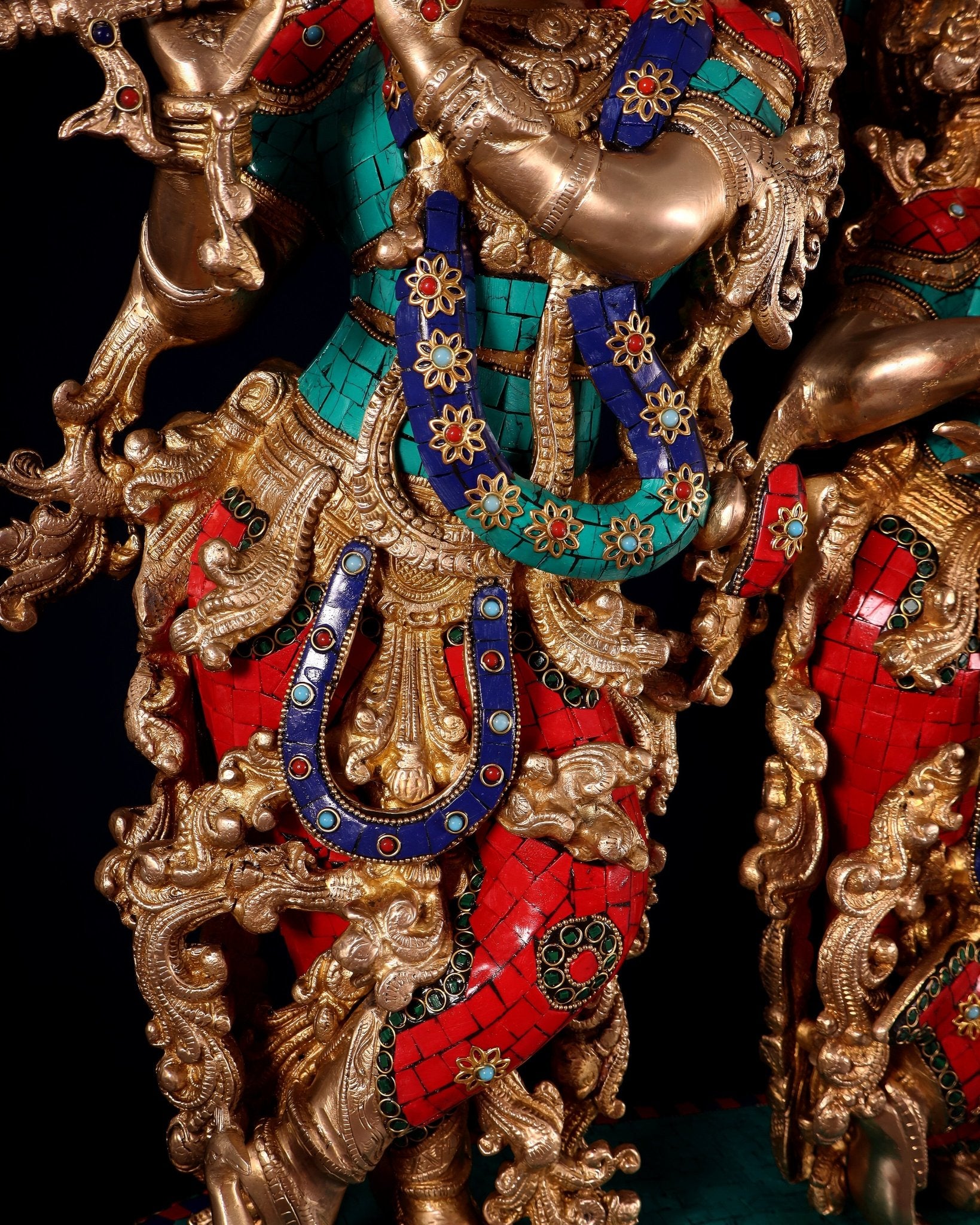 Pure Brass Radha Krishna Idol with Peacocks | Meenakari Stonework | 29 Inches - Budhshiv.com
