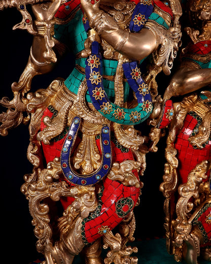 Pure Brass Radha Krishna Idol with Peacocks | Meenakari Stonework | 29 Inches - Budhshiv.com